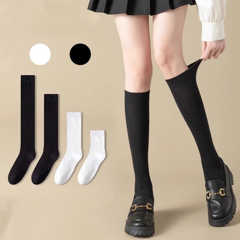 ถุงเท้ายาวถึงเข่าผู้หญิงเกาหลี สไตล์ JK ผ้าฝ้ายใส่สบาย