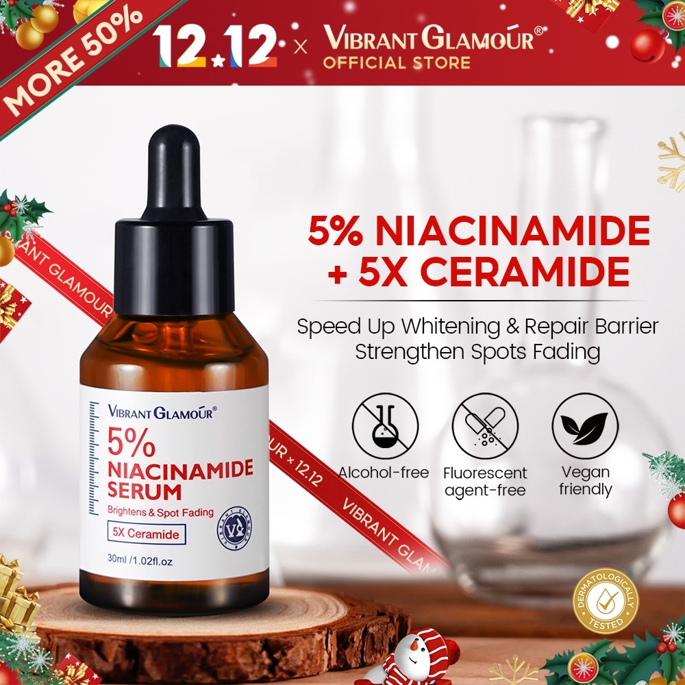 VIBRANT GLAMOUR ไนอะซินาไมด์ 5% เซราไมด์ 5 ชิ้น เซราไมด์ใบบัวบก 3 ชิ้น เซรั่มไวท์เทนนิ่ง เพิ่มความกระจ่างใสอย่างเข้มข้น วิตามินซี เอสเซ้น ลดเลือนจุดด่างดํา กระ เมลามีซ่า 30 มล.