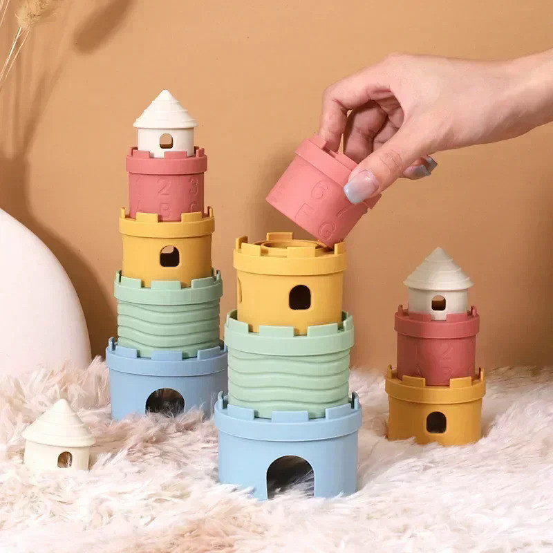 Baby Cartoon Silicone Castle Stack Cup Toys Color Digital Cognitive Building Blocks for Kids Montess