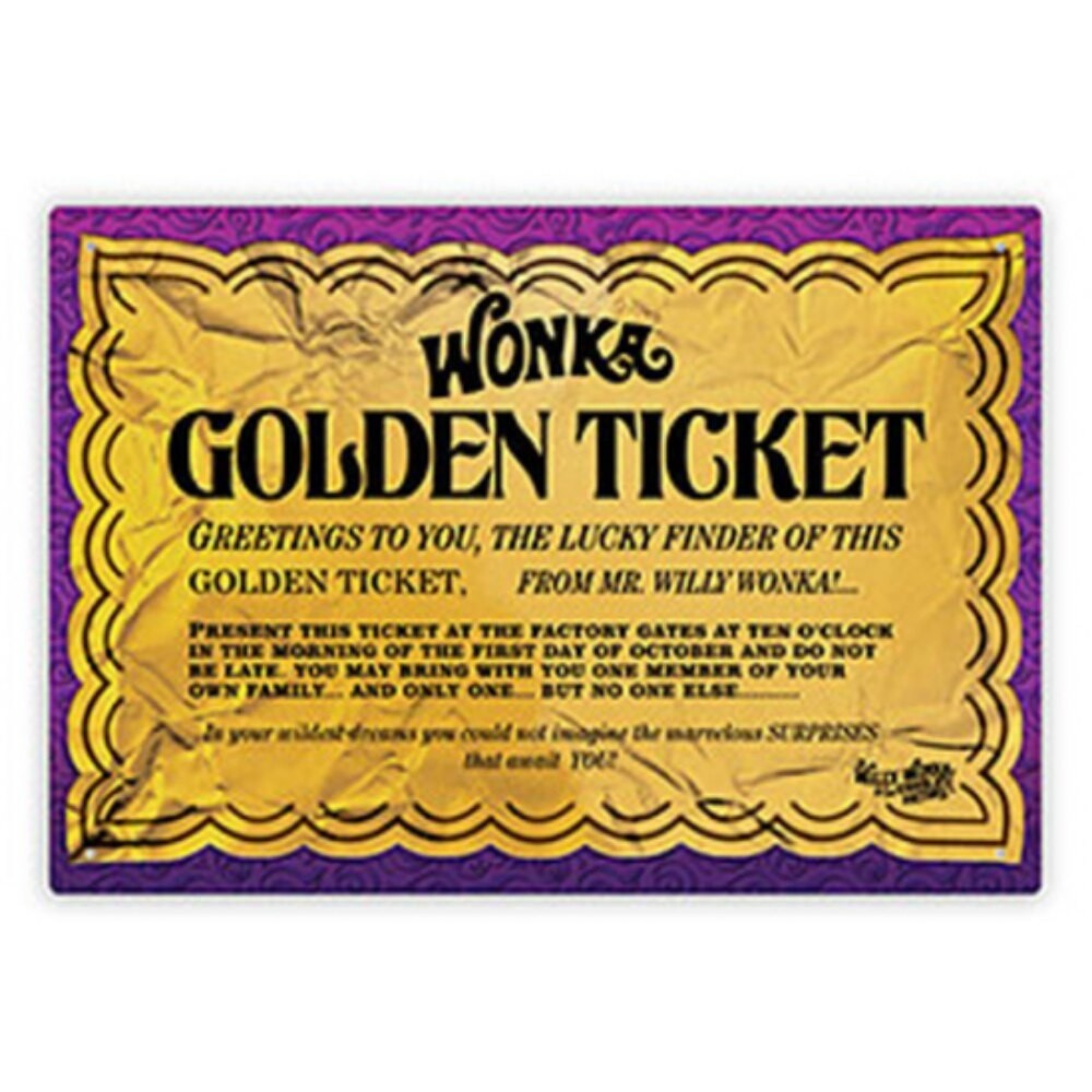 Willy Wonka Golden Ticket Charlie Chocolate Factory ที่รอคุณป้ายโลหะ 8x12 นิ้วโลหะคลาสสิก
