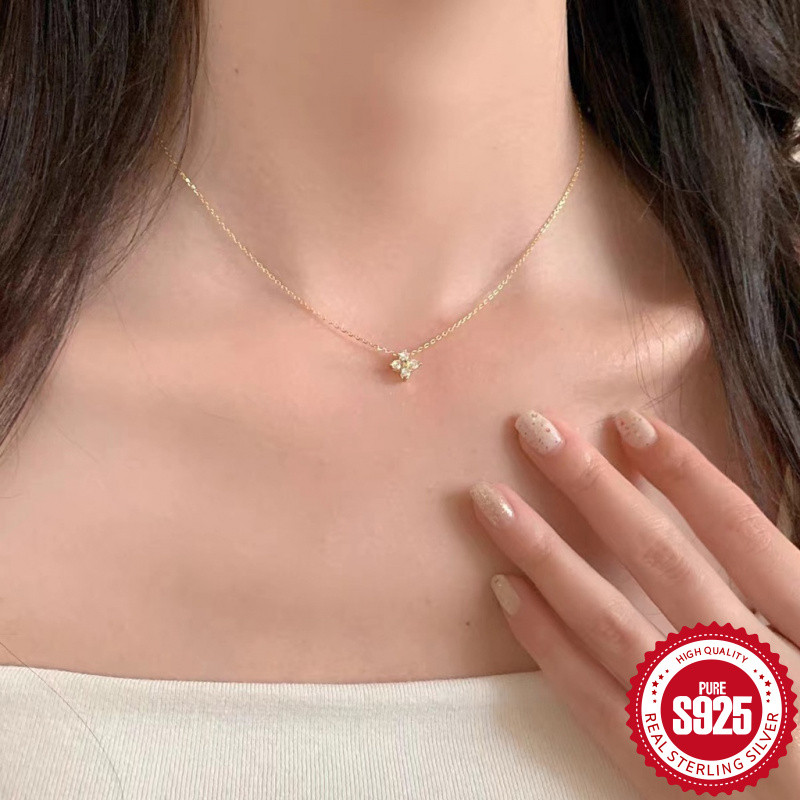 Venorix สร้อยคอเงินแท้ [เงินอิงจริง S925] สร้อยคอโคลเวอร์สี่ใบเรียบง่ายชุบสร้อยคอเพชรทอง 18K