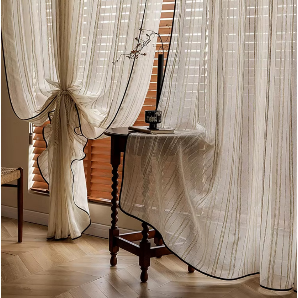 สไตล์ยุคกลางผ้าลินินผ้าลินินเชียร์ม่านวินเทจหน้าต่างผ้าม่านลายแสงกรองรักษาหน้าต่างสําหรับประตูบานเลื่อน/ห้องทํางาน/ห้องรับประทานอาหาร1แผง