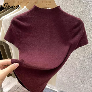ผู้หญิงสไตล์ฝรั่งเศสบางพอดีแขนสั้นเสื้อยืดฤดูใบไม้ร่วงและฤดูหนาว bottoming ครึ่งคอเต่าถักด้านบน
