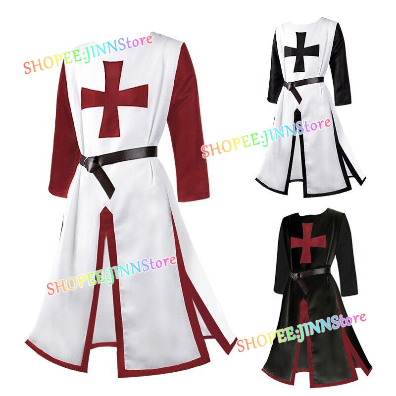 - Jinn - ผู้ใหญ่ผู้ชายยุคกลาง Warriors Knight Templar Crusader เครื่องแต่งกาย Tunic of The Templar ยุคกลาง Cross Tabard Surcoat Tunic คอสเพลย์