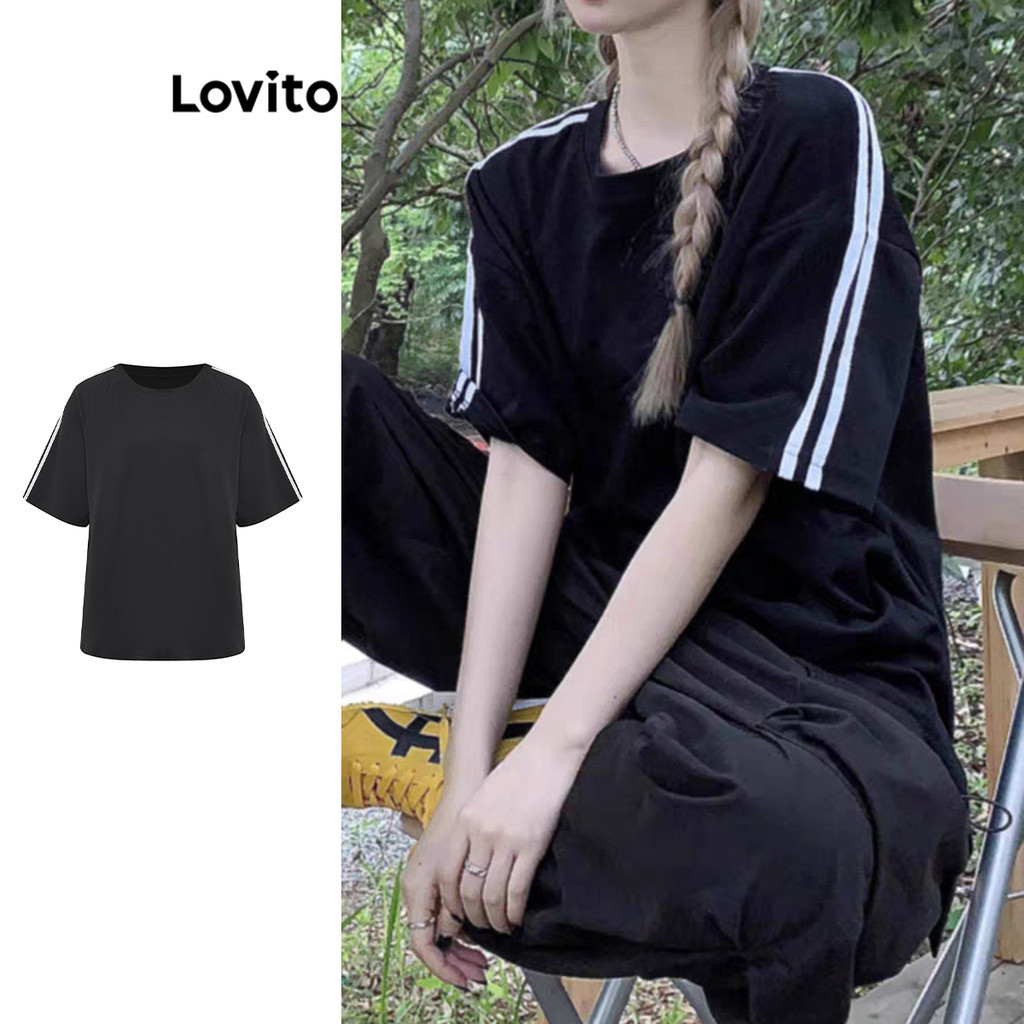 Lovito เสื้อยืดเทปคอนทราสต์ลำลองธรรมดาสำหรับผู้หญิง L101AD079