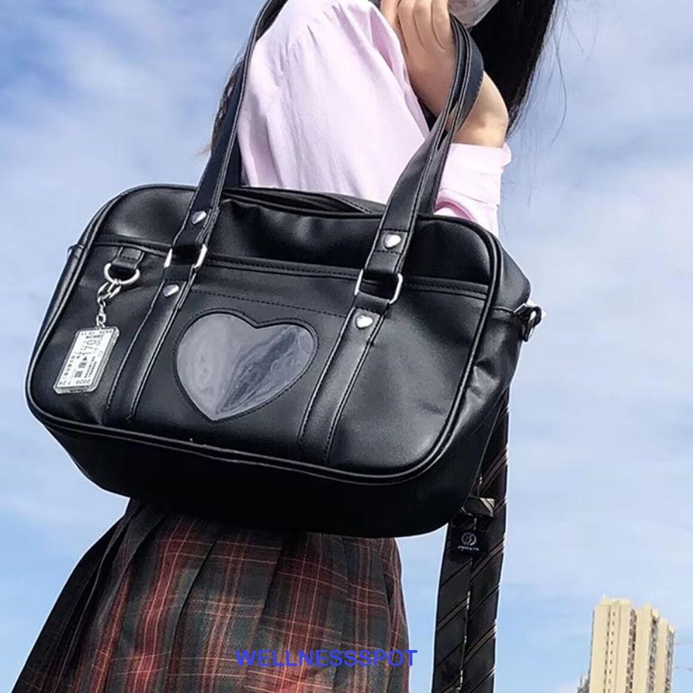Wellnessspot นักเรียน Tote กระเป๋า, PU หนัง Lolita Heart JK กระเป๋า, แฟชั่นอะนิเมะญี่ปุ่นสีดําสีขาว Junior High School กระเป๋าถือหญิง