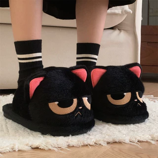 Xitiao Angry Little Black Cat รองเท้าแตะผ้าฝ้ายผู้ชายผู้หญิงคู่น่ารักการ์ตูนให้ความอบอุ่น