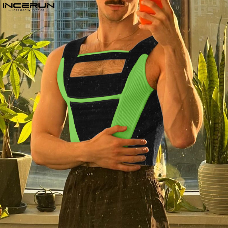 ไม่แน่นอน ผู้ชายวินเทจแฟชั่นกลวงเย็บปะติดปะต่อกันเสื้อกล้ามแขนกุด