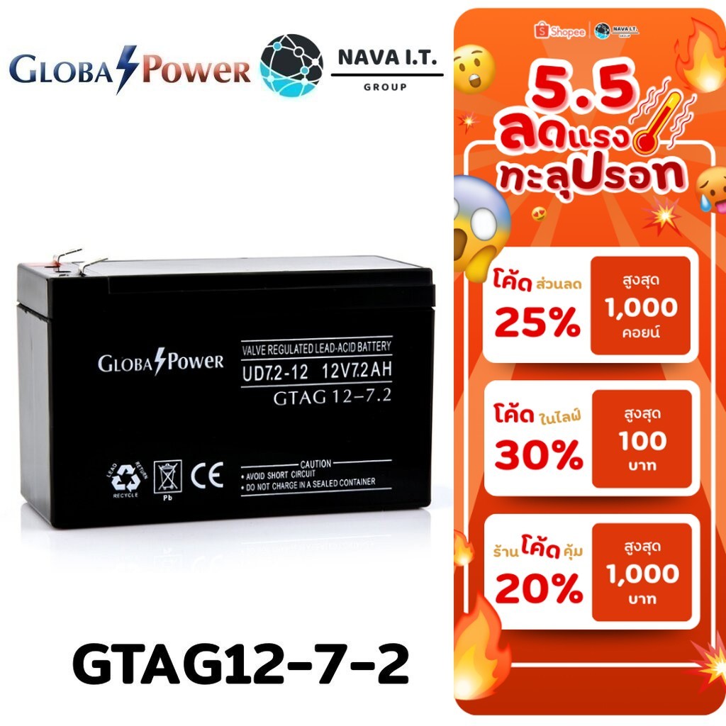 ⚡️กรุงเทพฯด่วน1ชั่วโมง⚡️ (468) GLOBAL POWER GTAG12-7-2 BATTERY 12V 7.2AH สำหรับเครื่องสำรองไฟ UPS อุ