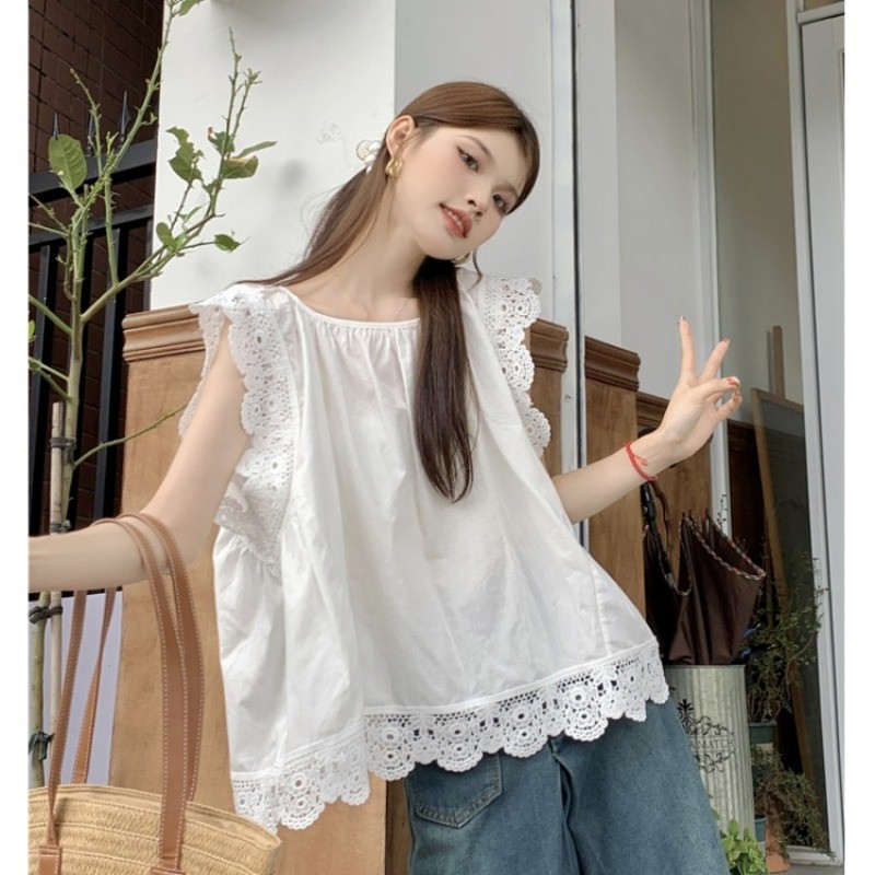 FY-เสื้อสุภาพสตรี ขอบลูกไม้ กลวงออก สีทึบ ประเภทรุ่นหลวม สดชื่น หวาน ความรู้สึกของการออกแบบ แฟชั่นฤดูร้อน