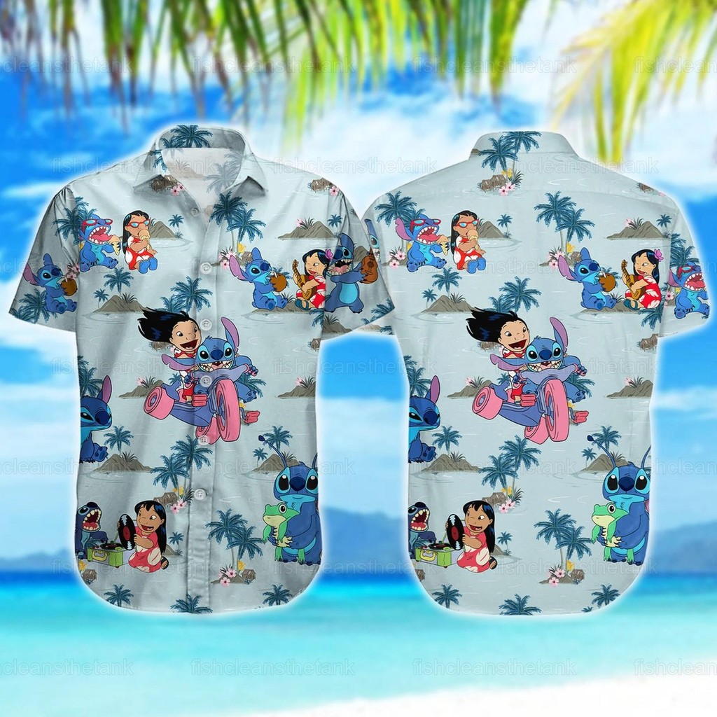 Stitch และ Lilo Surf เสื้อฮาวายสําหรับผู้ชาย Disney Casual ฤดูร้อนผู้ชายผู้หญิงแขนสั้นปุ่ม