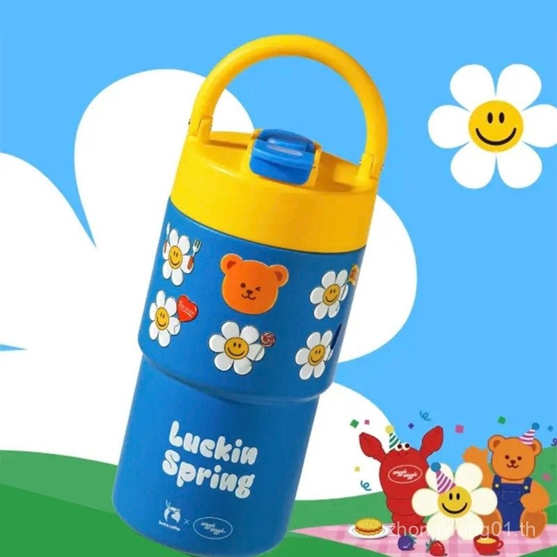 แก้วเก็บความเย็น Wiggle Wiggle x Luckin Coffee แบรนด์หมี แก้วสูญญากาศสแตนเลสพร้อมหลอดดื่มคู่ แก้วของ