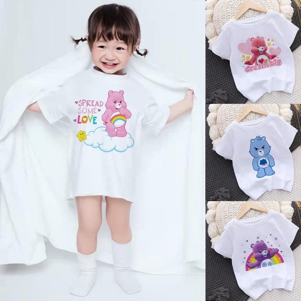 981iu41mnrcute เสื้อยืดเด็ก Care Bears Pattern Girls เสื้อยืดเด็ก Cartoon Short Sleeve เสื้อยืดเด็ก 