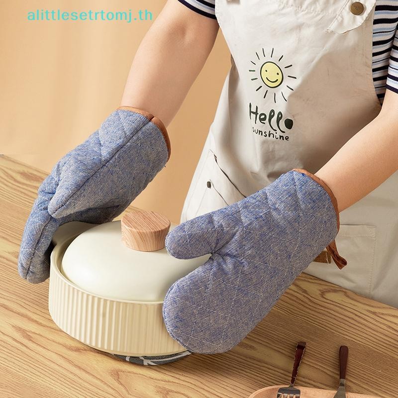 Alittlese ชุดถุงมือเตาอบหนา,ป้องกันการลวก,ผ้าฝ้ายและผ้าลินินที่เรียบง่าย,ถุงมือเตาอบไมโครเวฟ,อบ,ทําอาหาร,ห้องครัว ไทย