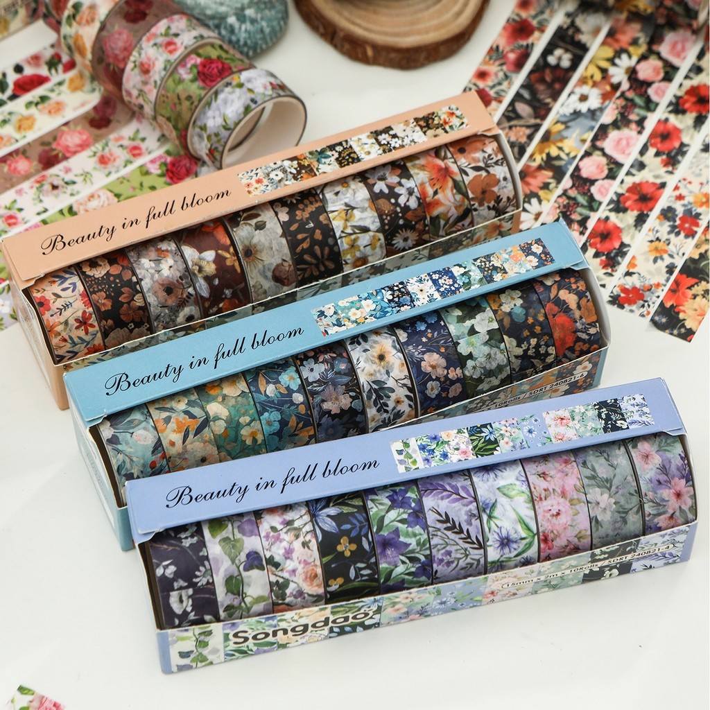 Penlab 10 ม้วน Vintage ดอกไม้ Washi เทปความงามใน Full Bloom ลายดอกไม้กาวกระดาษ Masking เทปสติกเกอร์ตกแต่ง C7867