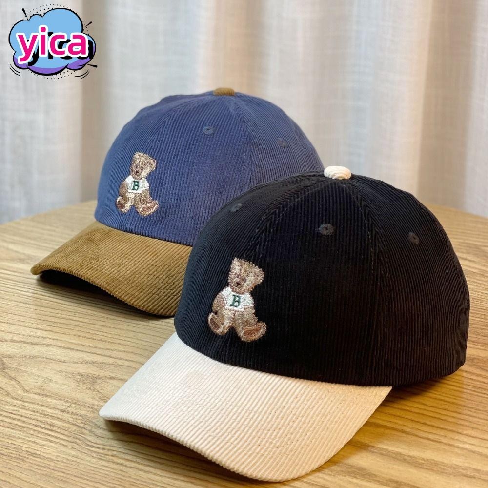 YICA หมวกเบสบอล, หมวกกันแดดสําหรับเดินทางผ้าลูกฟูกปีกกว้าง, หมวกกีฬากลางแจ้งหมีปักระบายอากาศได้แบบปรับได้