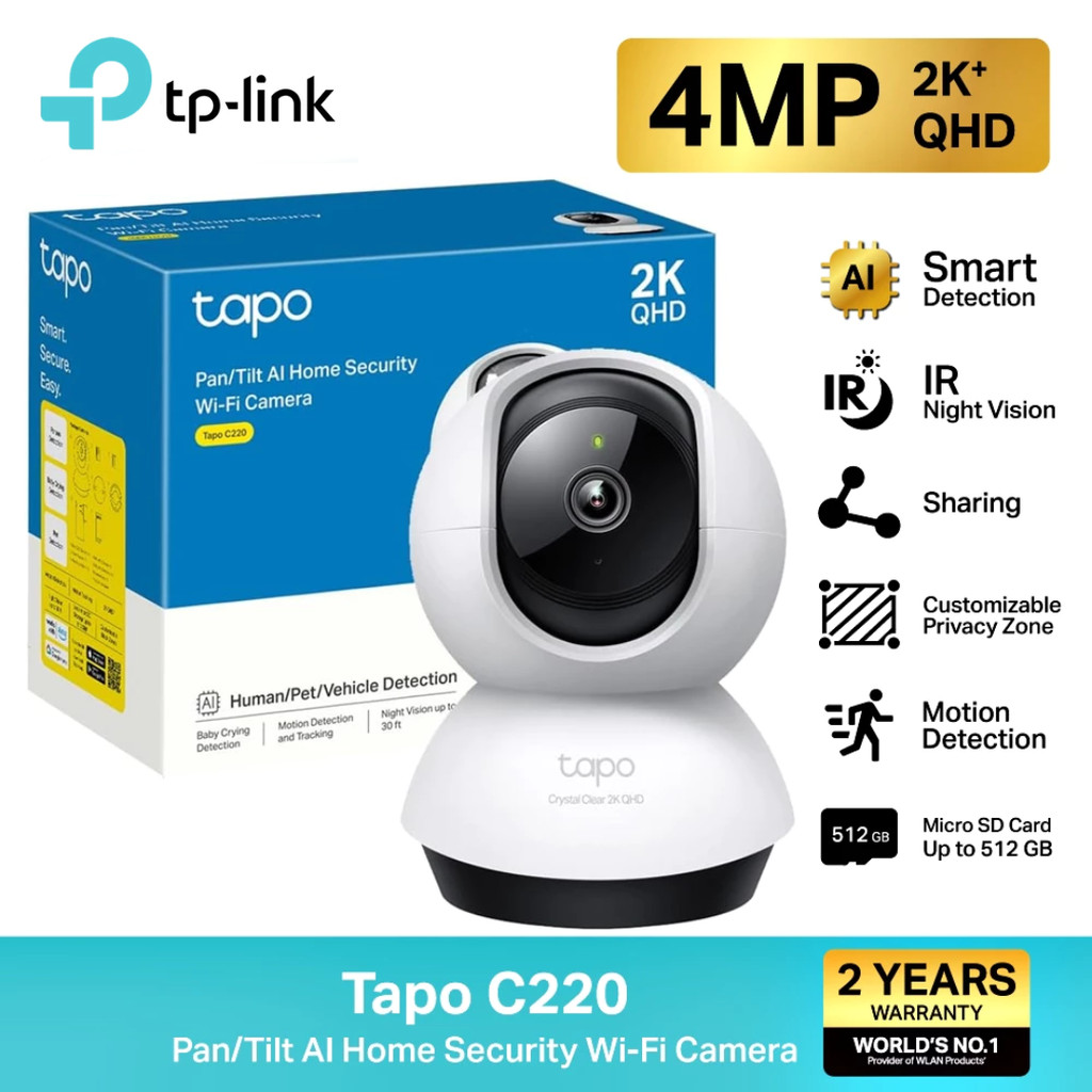 TP-Link Tapo C220 กล้องไวไฟ 4MP 2K+QHD คมชัดพิเศษ Pan/Tilt 360º มี Smart AI แยกได้ทั้งคน สัตว์ พาหนะ