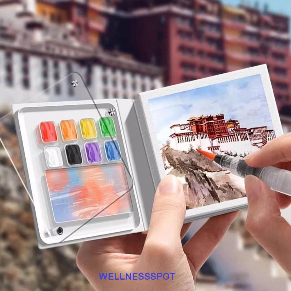WELLNESSSPOT ชุดสีสีน้ํา,อะคริลิค 8/12 ตารางสีกล่องเม็ดสี,ภาพวาดศิลปะ Supplie Mini พร้อมสมุดฉีกได้แบบพกพาชุดถาดภาพวาดกลางแจ้ง