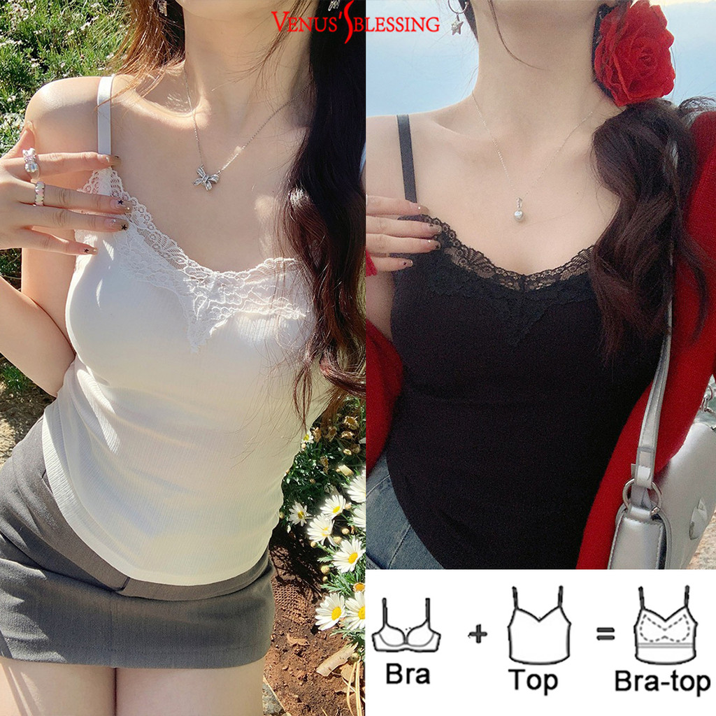 ( Ready Stock ) 2-in-1 เสื้อกล้ามลูกไม้คอวี 2-ใน-1, ผู้หญิงที่มีแผ่นรองหน้าอก, ถ้วยคงที่ผ้าฝ้ายแท้สายรัดไหล่บางยกทรง