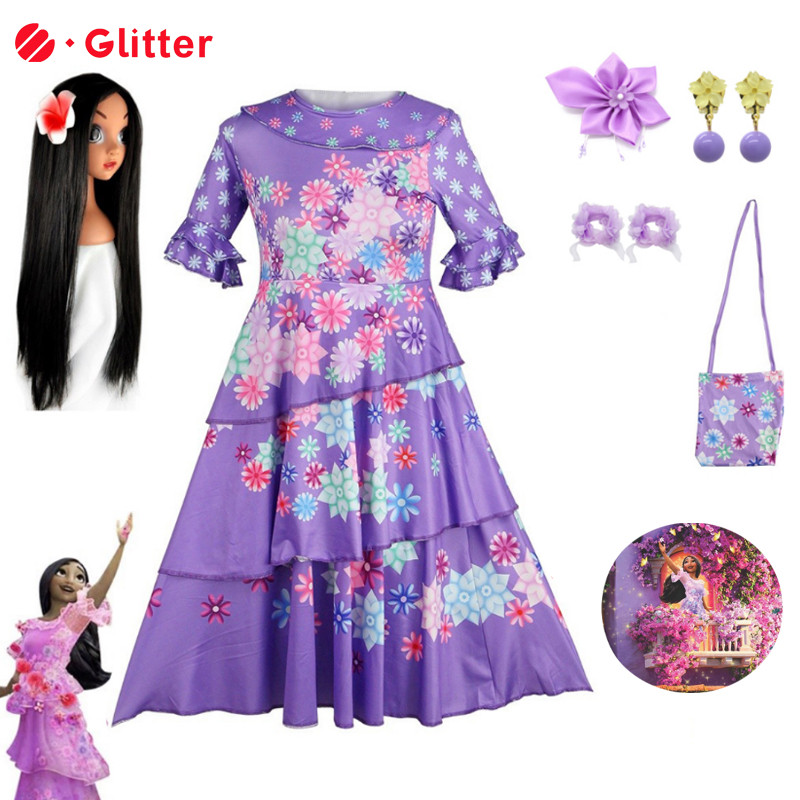 Disney Encanto Isabella Madrigal คอสเพลย์เครื่องแต่งกายสําหรับผู้ใหญ่ผู้หญิงดอกไม้สีม่วงพิมพ์เจ้าหญิ
