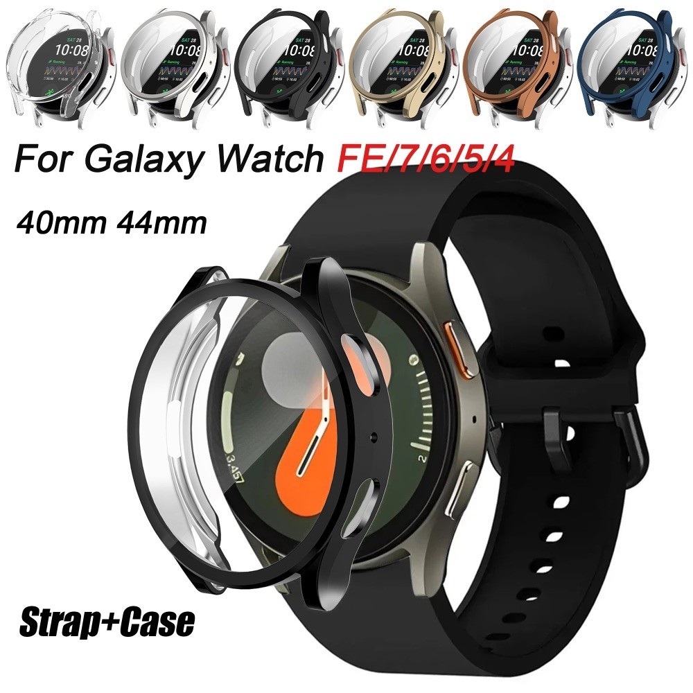สายรัด + สําหรับ Samsung Galaxy Watch FE/7/6/5 40 มม.44 มม.ไม่มีช่องว่างสร้อยข้อมือซิลิโคน + TPU ซิลิโคนอ่อนนุ่มคลุมทั้งหมดสําหรับนาฬิกา 4 40 มม.