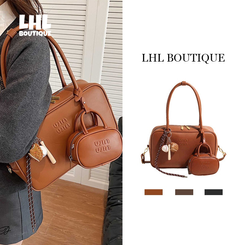 LHL BOUTIQUE กระเป๋าบอสตันกระเป๋าถือไหล่เดียวสีทึบเรียบง่าย
