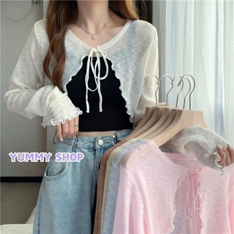 🎀Yummy Shop🎀พร้อมส่ง【Q605】-C เสื้อคลุมซีทรูไหมพรม ปลายหยัก น่ารักสไตล์​เกาหลี