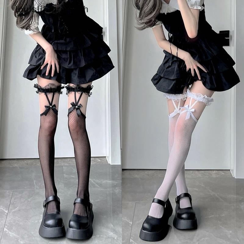 Lgth 1 คู่เซ็กซี่ตาข่าย Fishnet ต้นขาสูงถุงน่อง JK Lolita สาวถุงเท้ายาวถุงน่องสไตล์ญี่ปุ่นลูกไม้ Bowknot Suspender เข่าถุงเท้าสูง HOT