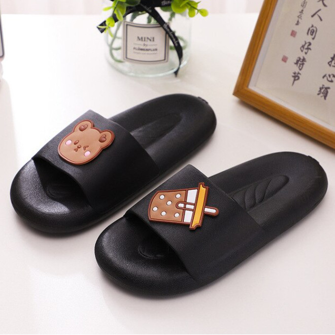 MALL586- [besty_mart3] Womens Home Hotel outdoor Sandals Bear And Boba Soft anti-Slip SP055 - สีดํา,