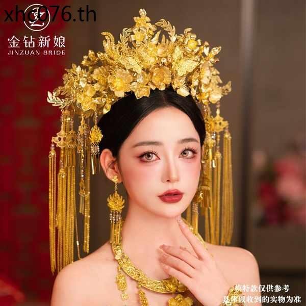 สไตล์ใหม่ Golden จีนหรูหรา Phoenix Crown สไตล์ Retro เจ้าสาว Xiuhe Headdress Cheongsam Hanfu มังกร Phoenix ชุดอุปกรณ์เสริมผม – โปรปัง