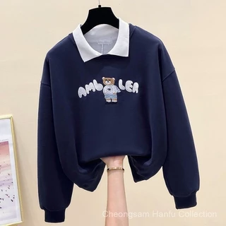 Local shipping ฤดูใบไม้ร่วงใหม่ผู้หญิงเสื้อโปโลคอปก,หมีพิมพ์หลวมLapel Casual Age-Reduction Top