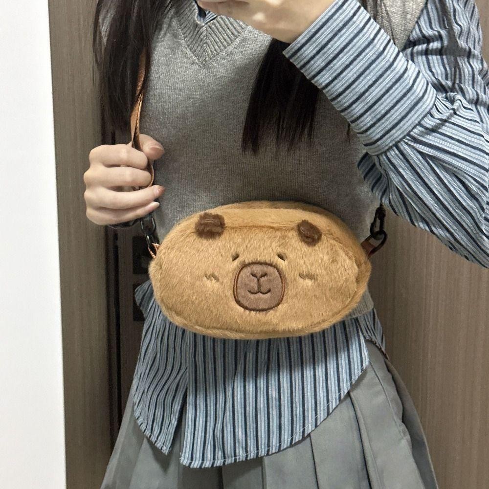 Jeremy1 Capybara Plush Crossbody Bag,สองด้าน Kawaii French Bread Capibara Bag,แบบพกพา Creative Coin Pouch Soft Fluffy Animal กระเป๋าถือเด็ก