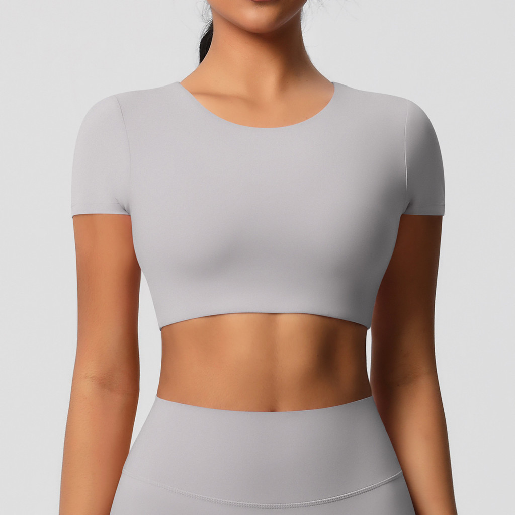 Yoga Sports T-shirt Padded Crop Top Short Sleeves Moisture-wicking — صورة 6