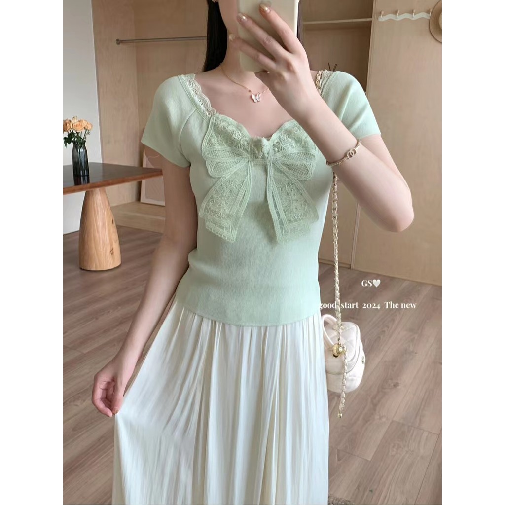เสื้อสเวตเตอร์ถักลูกไม้เย็บโบว์เก๋ไก๋บรรยากาศแบบใหม่