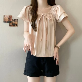 🧡LINNA🧡เวอร์ชั่นเกาหลี สีทึบ แขนสั้น เสื้อเชิ้ต แฟชั่น สันทนาการ