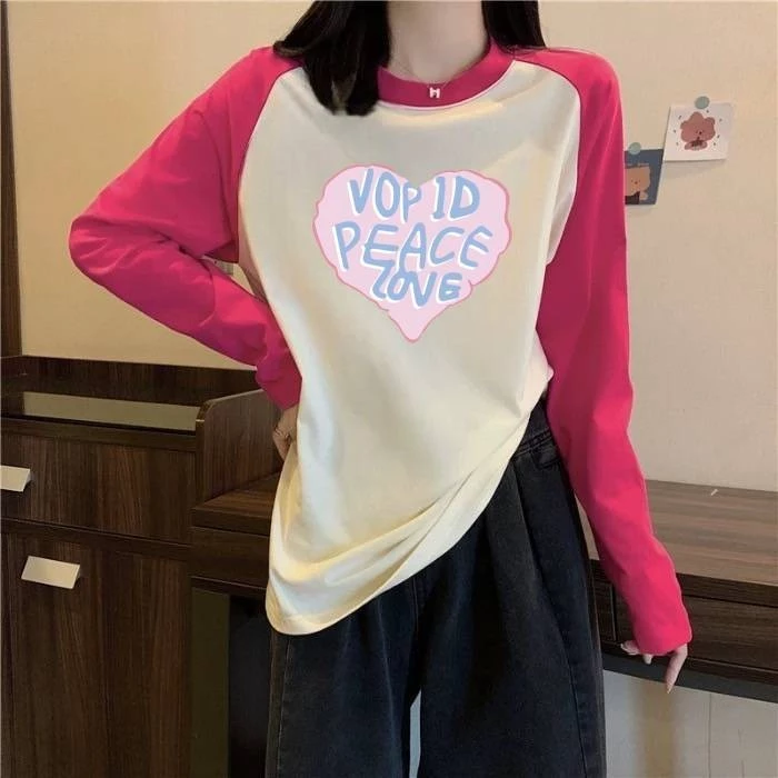 Alva เสื้อยืดแขนยาว คอกลม ทรงหลวมขนาดใหญ่ สีพื้น พิมพ์ลายหัวใจน่ารัก แฟชั่นฤดูใบไม้ผลิและฤดูใบไม้ร่วง #B016