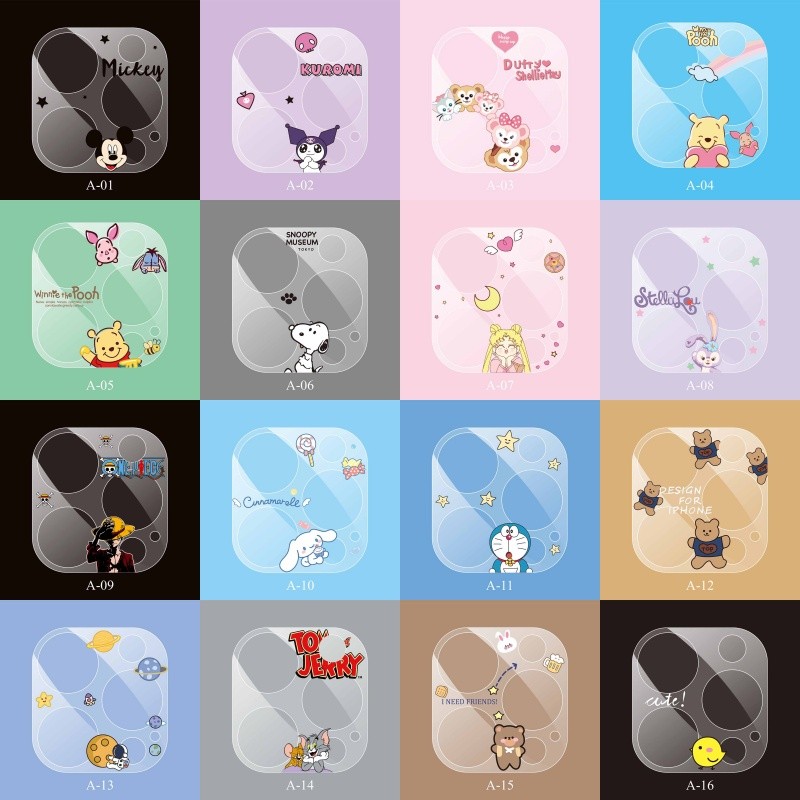 สําหรับ IPhone 16 15 14 13 Pro max mini Plus เลนส์ป้องกันกล้องการ์ตูนคลุมทั้งหมดป้องกันกระจกนิรภัยใสกลับกล้องสติกเกอร์ป้องกัน