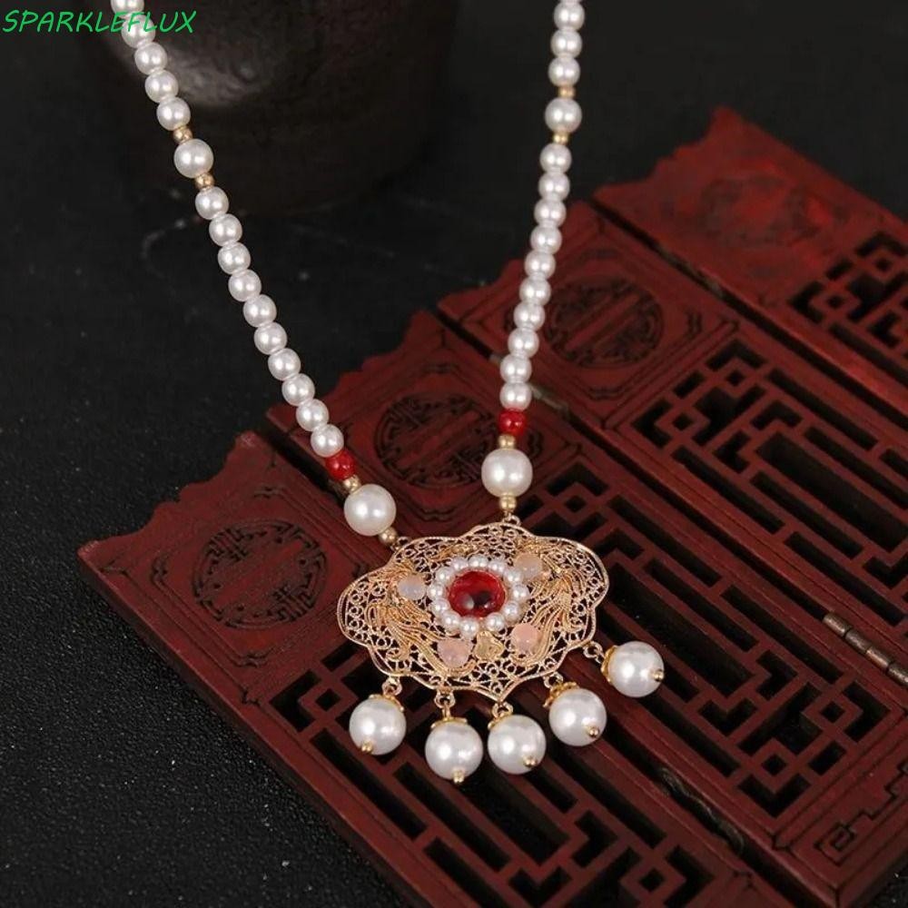 Sparkleflux Vintage Hanfu สร้อยคอ, Chain Choker ดอกไม้ Longevity ล็อคจี้,หรูหราสไตล์จีน Coloured Glaze Tang Dynasty Ruyi Pearl Choker Party