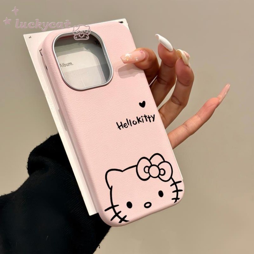 Iphone 16 15 14 13 12 11 Pro Max X Xr Xs Max เคสโทรศัพท์น่ารักสายสีดํา KT Cat ปกหนังด้านหลังนุ่ม