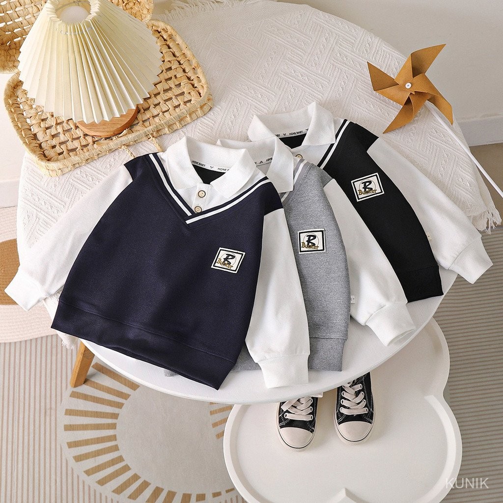 【KUNIK】90-160 ซม.ฤดูใบไม้ผลิฤดูใบไม้ร่วงสไตล์ Boys All-Match Lapel POLO เสื้อเสื้อกันหนาวกลางเด็กใหญ่สไตล์อังกฤษแฟชั่นปลอมสองชิ้นพร้อมสต็อก Fast Shipping
