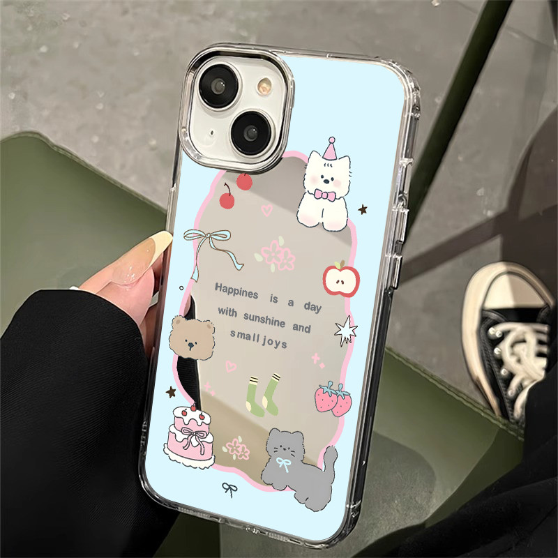 การ์ตูนสัตว์ เคสโทรศัพท์กระจกเงา For iphone 11 12 13 14 15 16 Pro MAX 14 15 16P XR XSMAX 7Plus เคสป้องกันกระจกแต่งหน้า