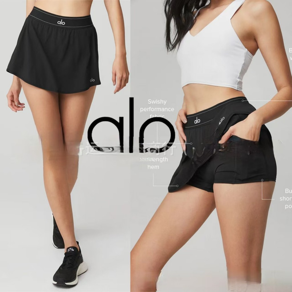 Alo Yoga กางเกงสปอร์ตผู้หญิง กระโปรงขาสั้นกันน้ำ + กระเป๋าแฝง ใส่สบาย โยคะ-เทนนิส-ออกกำลังกาย (สไตล์สองชิ้น)