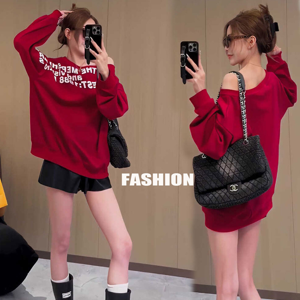 Dahong  เสื้อสเวตลําลองปาดไหล่แขนยาวไม่สม่ําเสมอสําหรับผู้หญิงใหม่ 2675