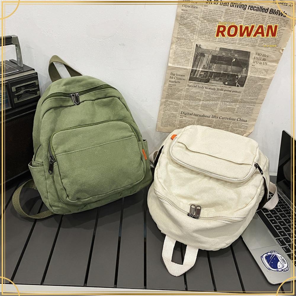ROWANS กระเป๋าเป้สะพายหลังขนาดเล็กซิปสไตล์เกาหลีกระเป๋าเป้สะพายหลังขนาดเล็กผ้าใบวินเทจสีทึบกระเป๋าเดินทางผู้ชาย
