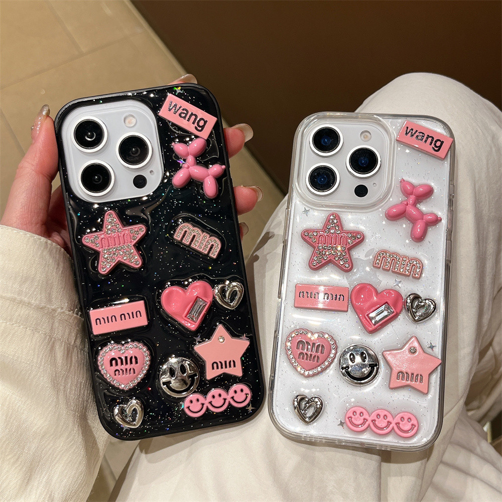 น่ารักอีพ็อกซี่ 3D สีชมพูยิ้ม Love Heart เคสโทรศัพท์สําหรับ iPhone 16 15 14 13 12 Pro Max Plus 11 หรูหราน่ารักเลนส์ฝาครอบป้องกัน