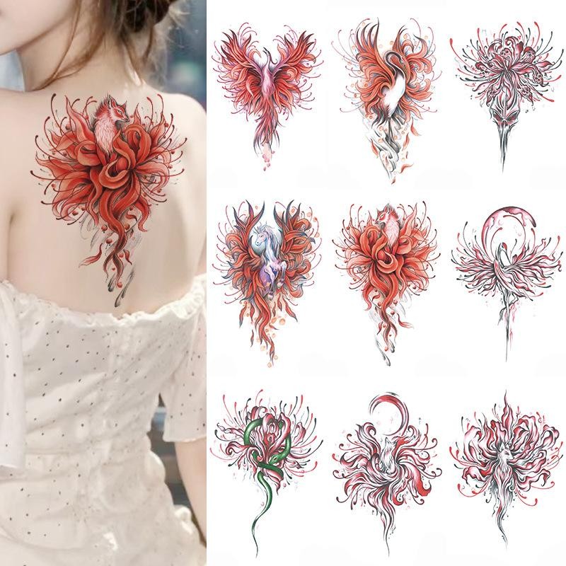 รอยสักครึ่งแขน สติ๊กเกอร์รอยสักลายสีแดง รอยสักชั่วคราวกันน้ํา สําหรับผู้หญิง ผู้ชาย รอยสักปลอมที่สมจริง