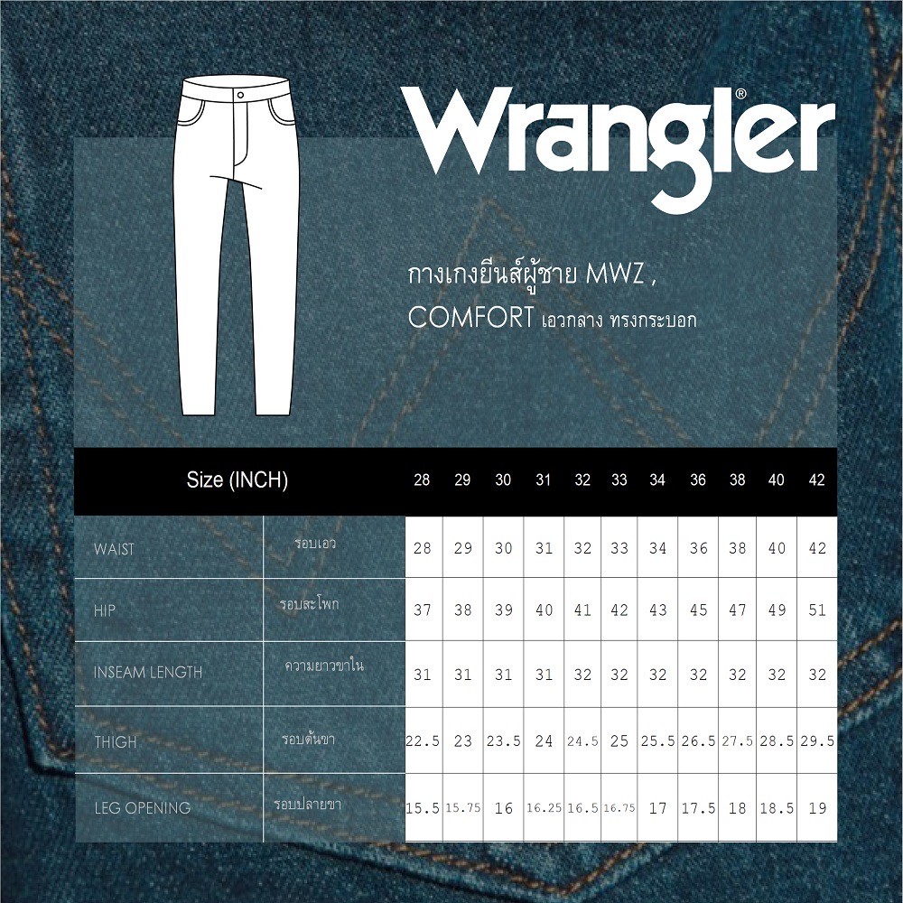 WRANGLER กางเกงยีนส์ผู้ชาย เอวกลาง ทรง MWZ รุ่น WR WRMWZ102 สียีนส์ กางเกงยีนส์ กางเกงผู้ชาย เสื้อผ้าผู้ชาย