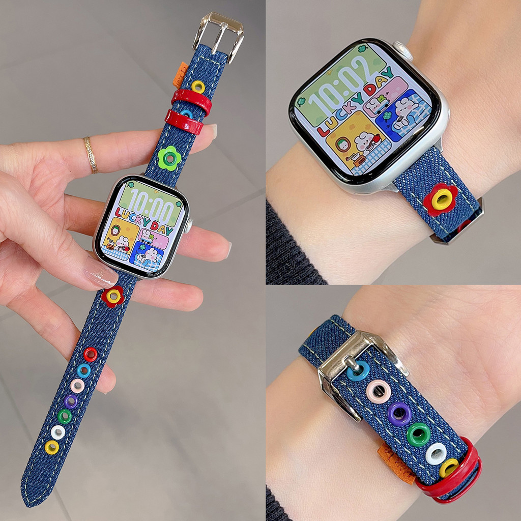 น่ารัก Denim หนังดอกไม้สําหรับ Amazfit Active 2 GTS 2 3 4 Mini Slim สร้อยข้อมือผู้หญิง Amazfit Bip 6 5 Unity สายรัดทดแทนอุปกรณ์เสริม