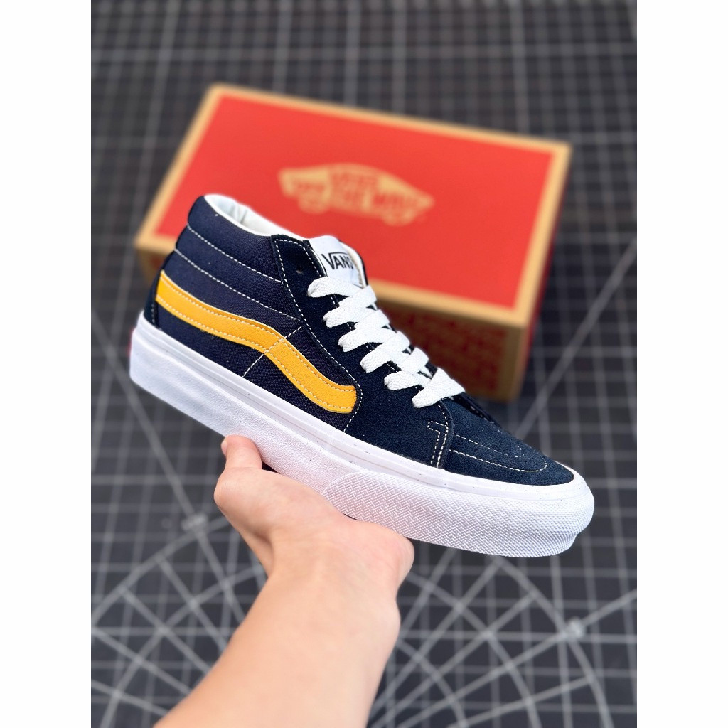 Vans Sk8-Mid รองเท้าผ้าใบวัลคาไนเย็บสีน้ําเงินและสีเหลืองระดับกลาง
