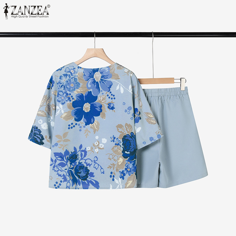 ZANZEA ซานเซีย ผู้หญิงแฟชั่นเกาหลีเสื้อลําลองคอวี 5/3 แขนกางเกงขากว้างกางเกงขาสั้นชุดสองชิ้น - รูปที่ 5